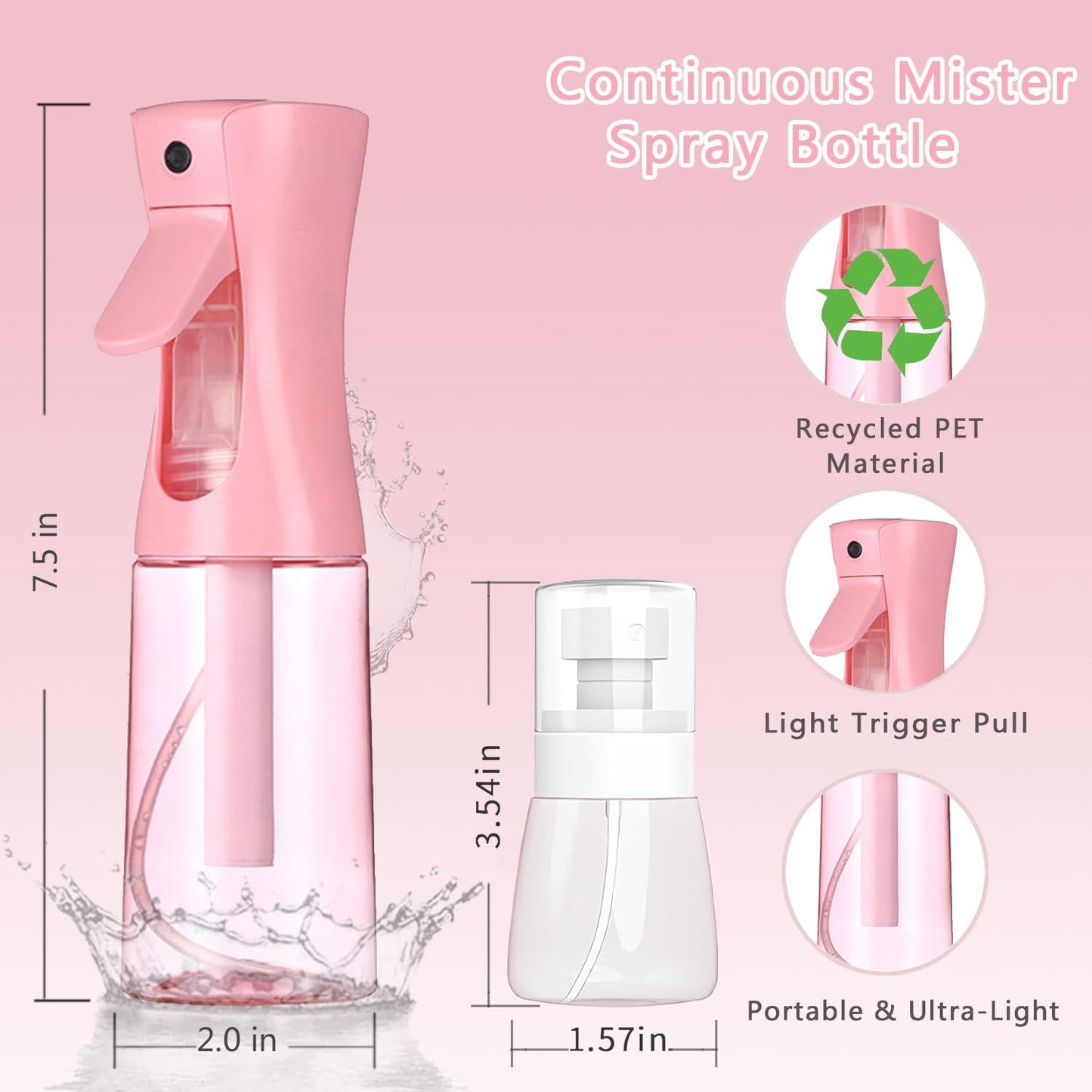 Continuous Spray Bottles - 3 Pack Fine Mist Water Sprayers for Hair, Plants & Cleaning | 6.8 OZ & 1 OZ Sizes - Pink