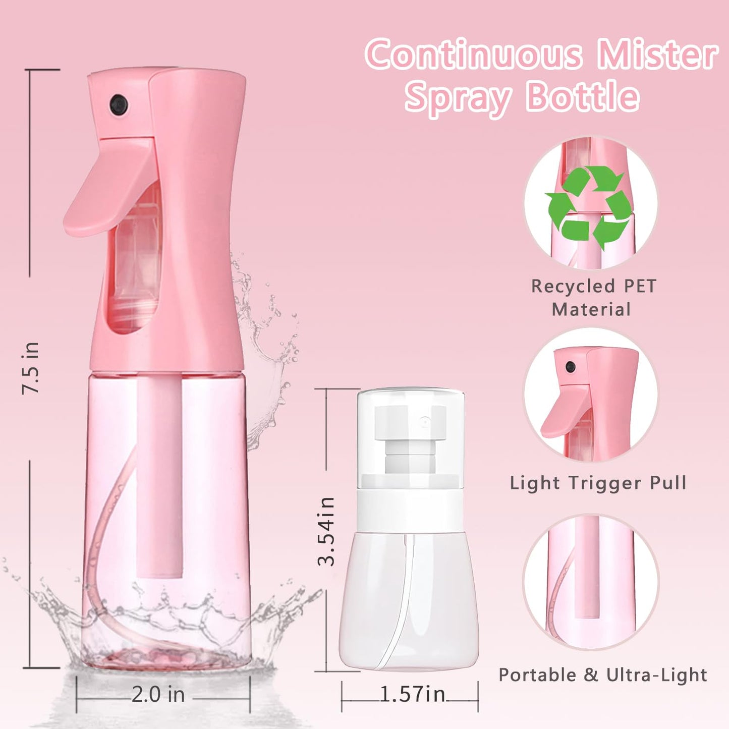 3 Pack Spray Bottles, 2-Pack Continuous Spray Bottles,Fine Water Mist Spray Bottles for Hair 6.8 OZ (200 ML) and 1oz 30ml Travel Spray Bottle Mister for Cleaning,Hairstyling,Plants,Barbers,Pink