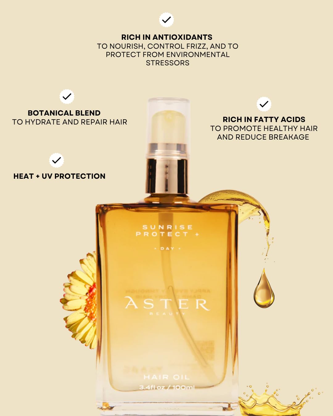 Aster Beauty Hair Oil for Frizz Control & Shine Sunrise Protect + Hair Oil |Daily Lightweight Treatment with Jojoba, Coconut & Argan Oil – Multi-Use for All Hair Types (3.4 oz)