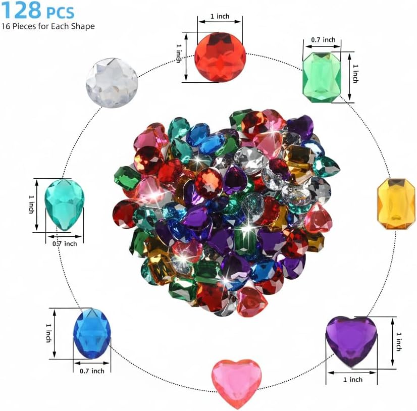 Acrylic Diamond Jewels - 128 Pcs 1-Inch Flat Back Gems for Crafts | Colorful DIY Treasure Chest Fillers with Adhesive Dots