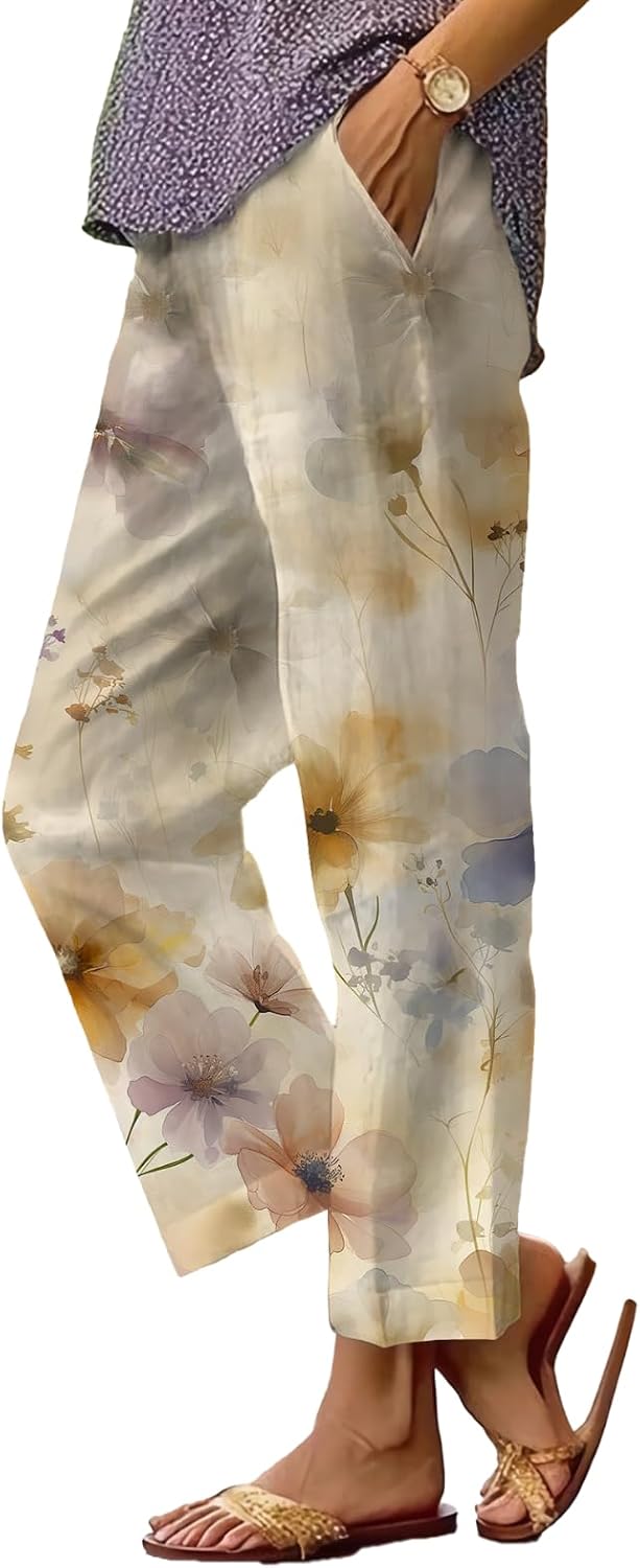 Women's Boho Floral Wide Leg Capris - Elastic Waist, Loose Fit Beach Pants | Casual Summer Trousers