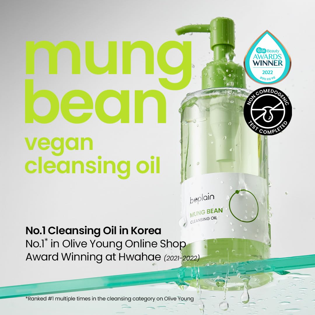 beplain Mung Bean Cleansing Oil | Gentle Makeup Remover for Sensitive Skin | Deep Pore Cleansing & Blackhead Care with Panthenol | Korean Skincare | 6.76 fl.oz