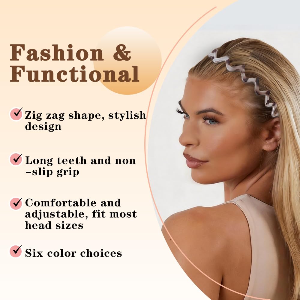Zig Zag Headbands for Women - Non-Slip Plastic Hair Bands | 90s Retro Style, 6 Pack for Daily Use