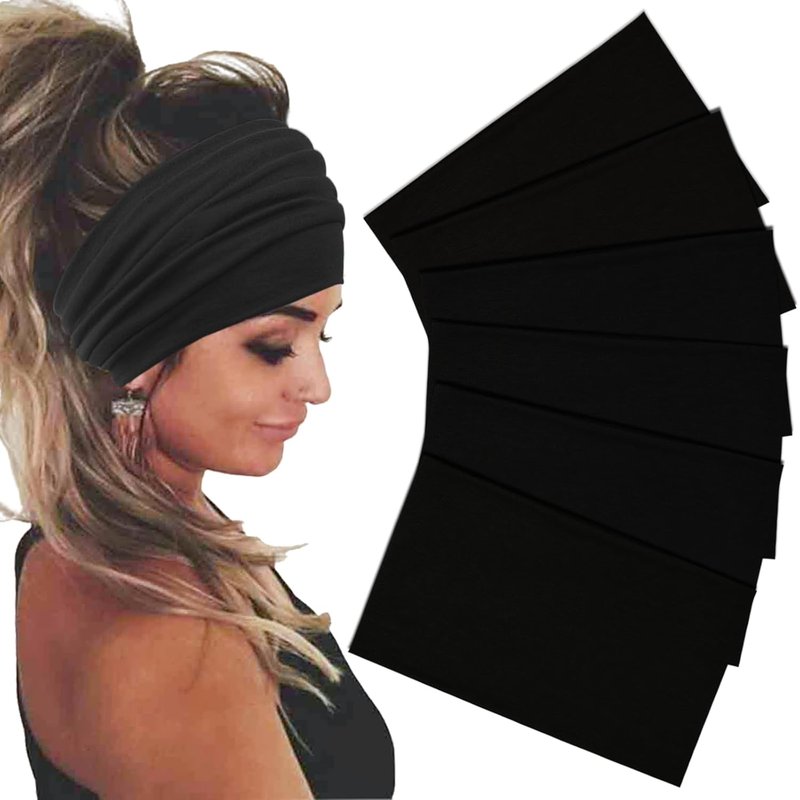 Wide Headbands for Women - Stretch Boho Hair Accessories | Black 6-Pack Turban Workout Bands