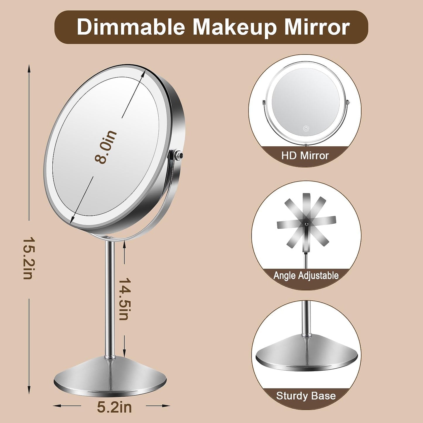 Lighted Makeup Mirror - 1x/10x Magnifying Vanity Mirror with Adjustable Brightness | 8" Round, 360° Rotation, Rechargeable