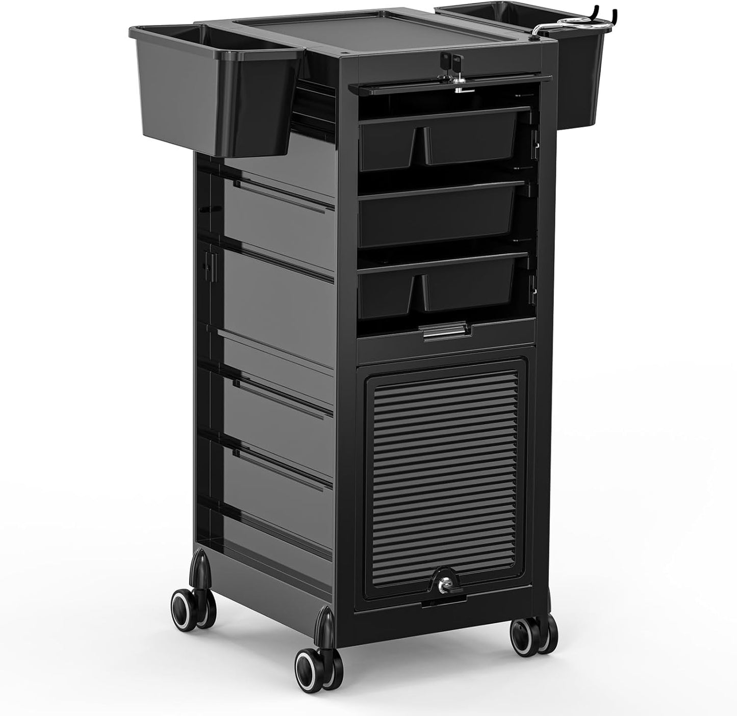 OmySalon Salon Trolley Cart - Rolling Hair Stylist Station with 2 Lockable Doors | Organizer with Drawers & Dryer Holder