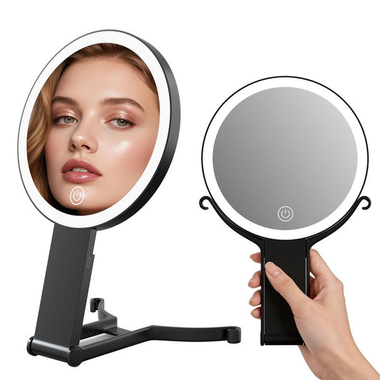 Makeup Mirror with Lights, 10X/1X Double Sided Magnifying Makeup Mirror with 3 Color Lighting and Adjustable Brightness, Portable hand mirrors with handle for Desktop Travel Use(1x/10x- Black)