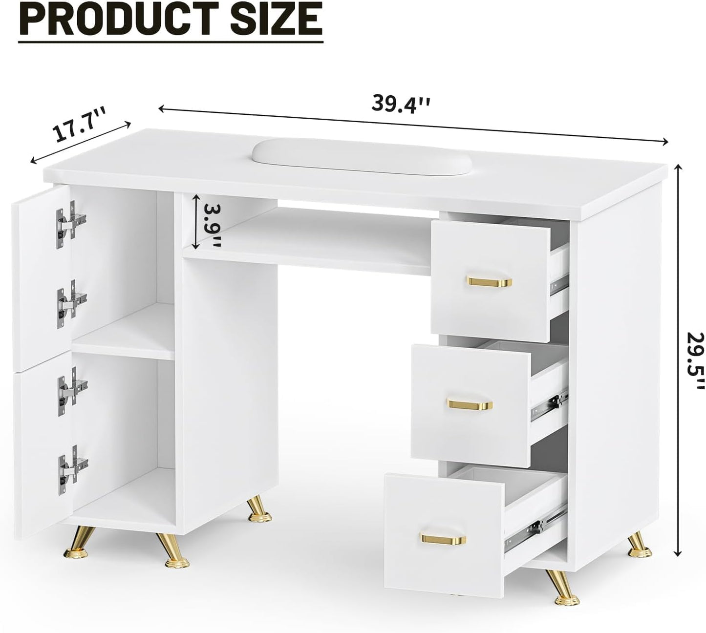 Professional Nail Tech Desk - Acetone Resistant Manicure Table with 3 Drawers & 2 Cabinets | White-Gold Finish for Salon & Home Use