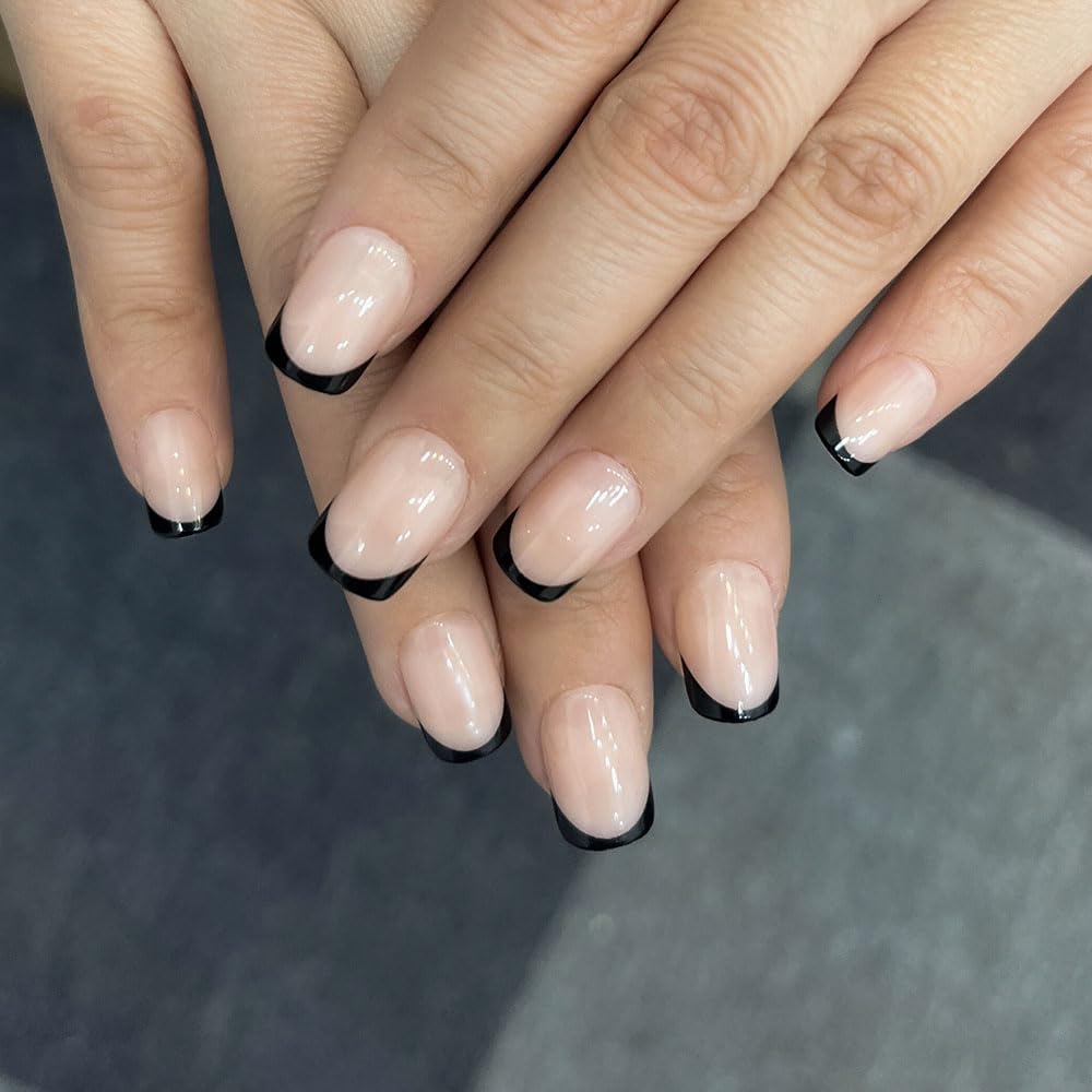 Short Almond Press-On Nails - French Tip & 3D Gold Star Design | Glossy Full Cover Acrylic, Reusable Fake Nails for Women