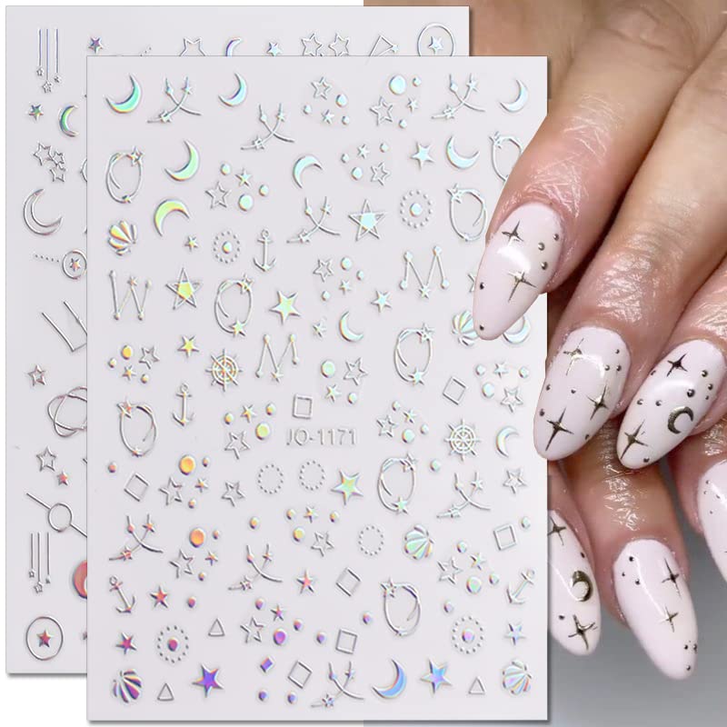Dornail Silver Star Moon Planet Nail Stickers - 6 Sheets Holographic DIY Nail Decals