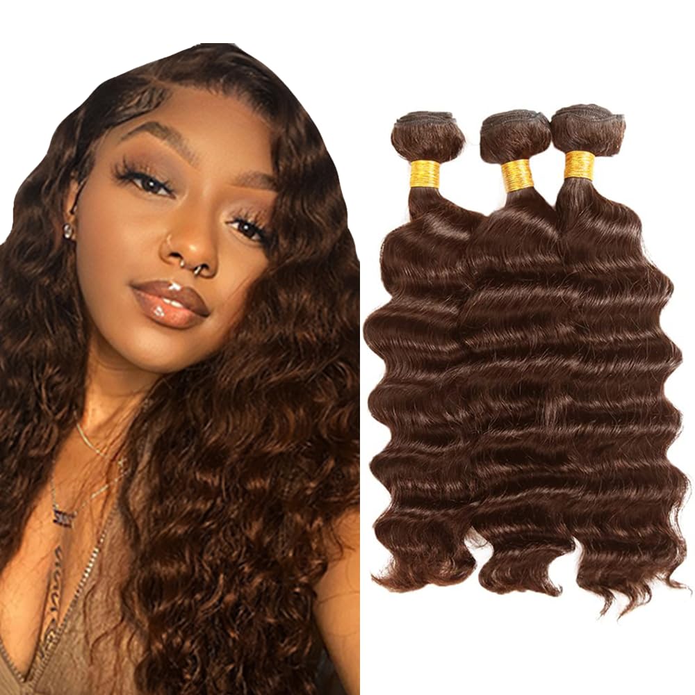#4 Chocolate Brown Bundles Human Hair Deep Wave Bundles 26 26 26 Inch Deep Wave Bundles Unprocessed Brazilian Virgin Hair Deals Quick Weave Hair Extensions 3 Bundle 50 Gram Per Bundle