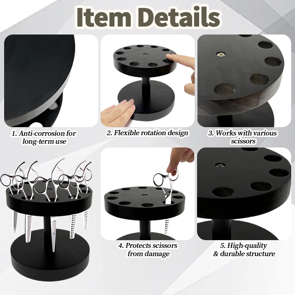 TDHRDHVC 360 Degree Wooden Scissor Holder with 10 Diameter 0.71'' Hole,Barber Station Organizer,Shear Holder for Stylist(Black