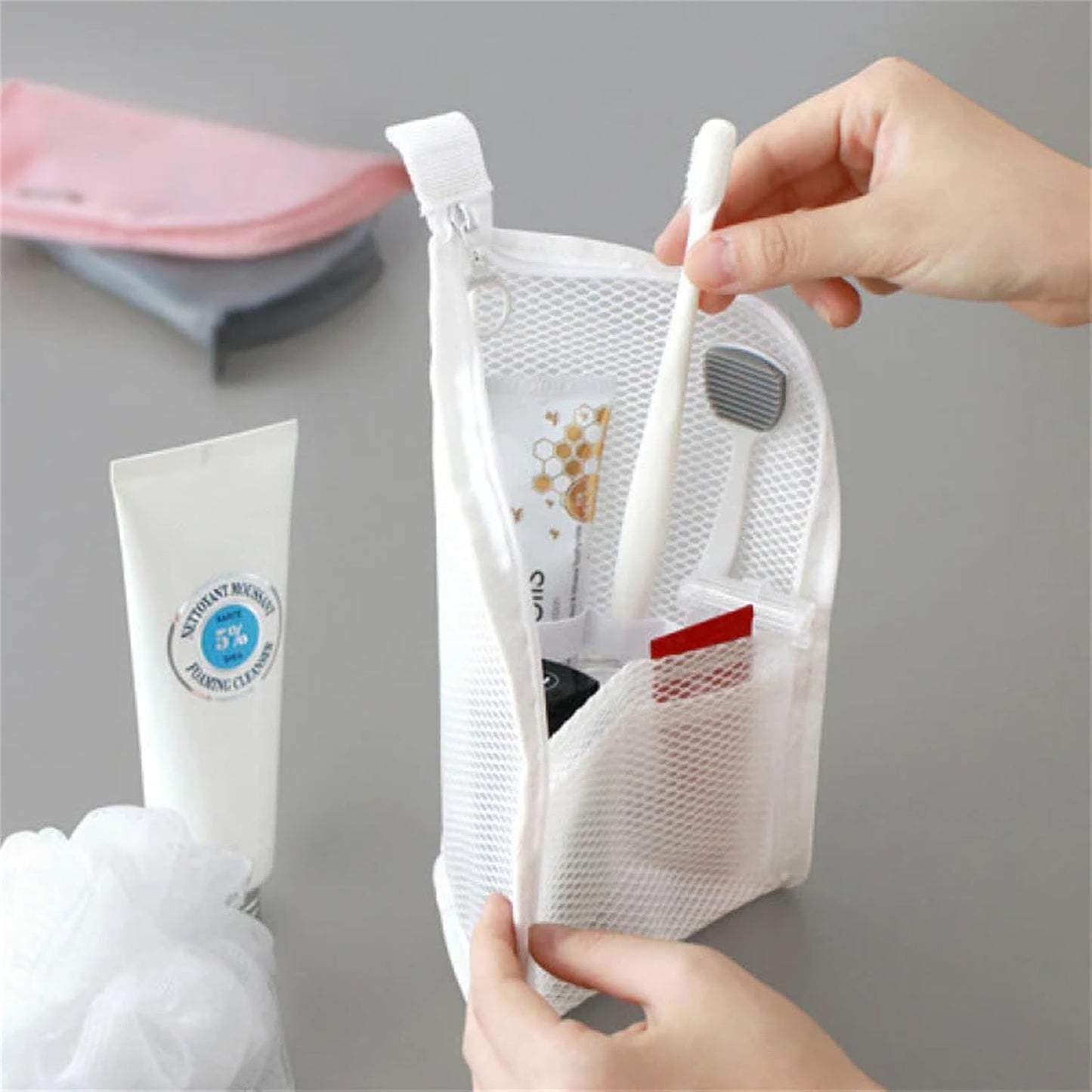 Portable Mesh Toiletry Bag - Lightweight Clear Hanging Organizer for Travel | EVA Cosmetic Storage (White)