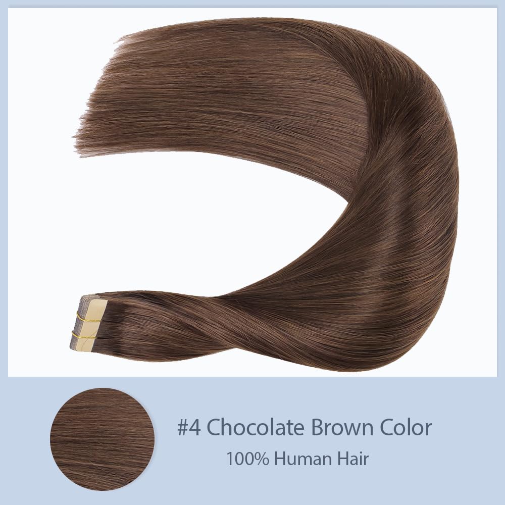 Brown Tape In Hair Extensions Human Hair Brown Tape In Human Hair Extensions Color 4 Bundles Seamless Silky Straight Skin Weft Bundles HuxoWax 18 Inch 20/Pcs Total 50g