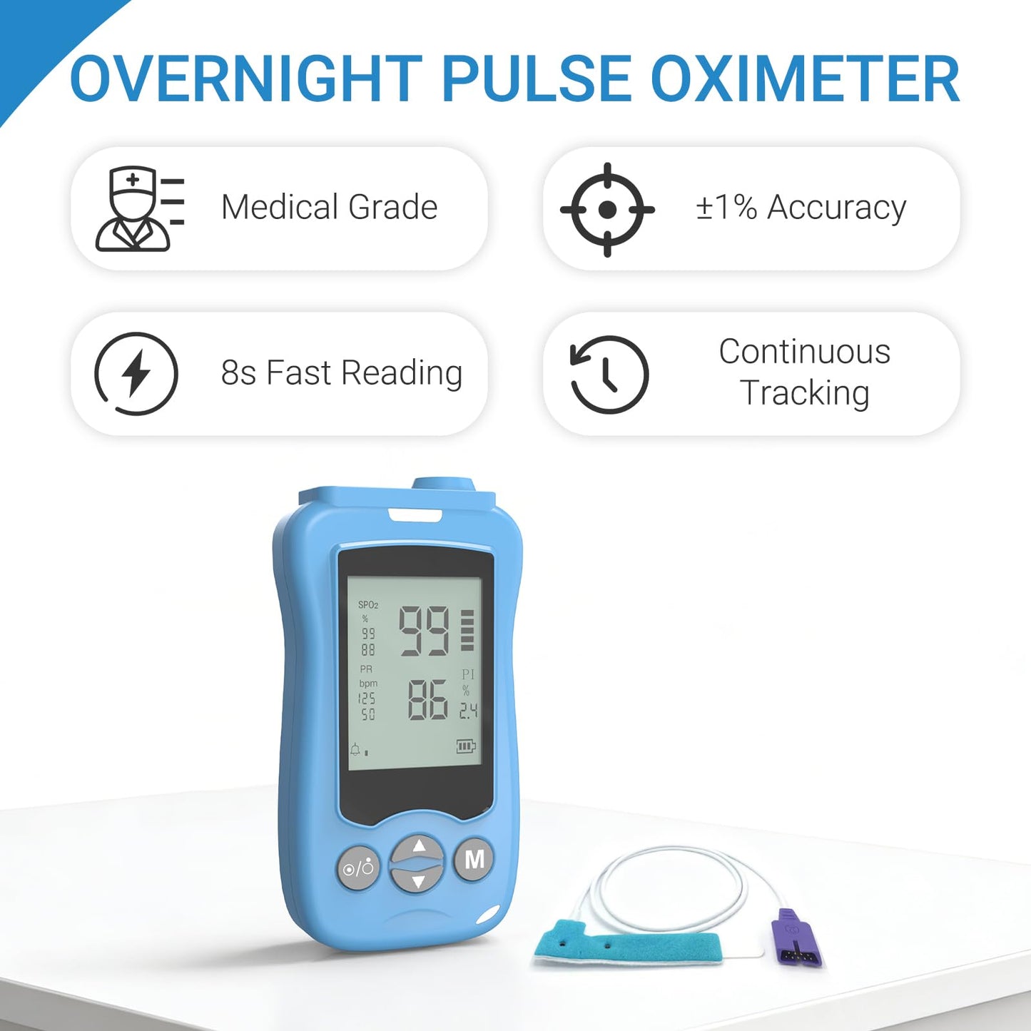 Handheld Fingertip Pulse Oximeter, Medical Grade Pediatric Pulse Oximeter Wrap Probe for Infant Kids Adult, Continuous Pulse Oximeter and Spot Checking, Fast Reading SpO2 Pulse Rate Respiration Rate, Adjustable Audio Visual Alarm (Blue)