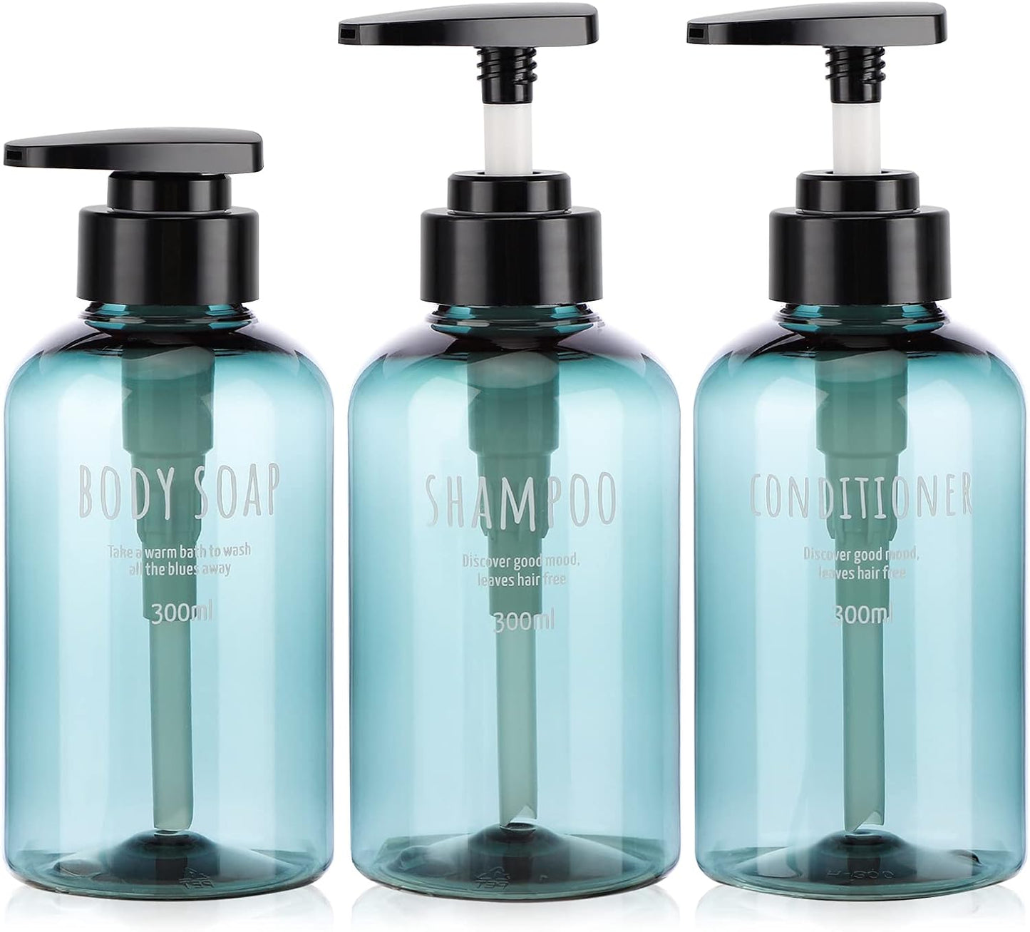 Shampoo and Conditioner Dispensers - 10oz Refillable Pump Bottles | 3-Pack Blue Plastic for Shower