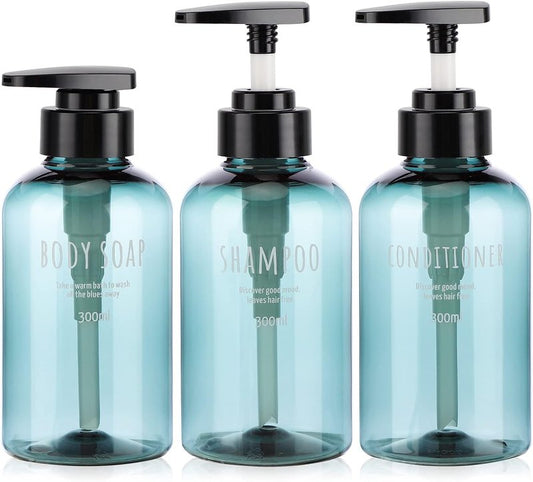 Shampoo and Conditioner Dispensers - 10oz Refillable Pump Bottles | 3-Pack Blue Plastic for Shower