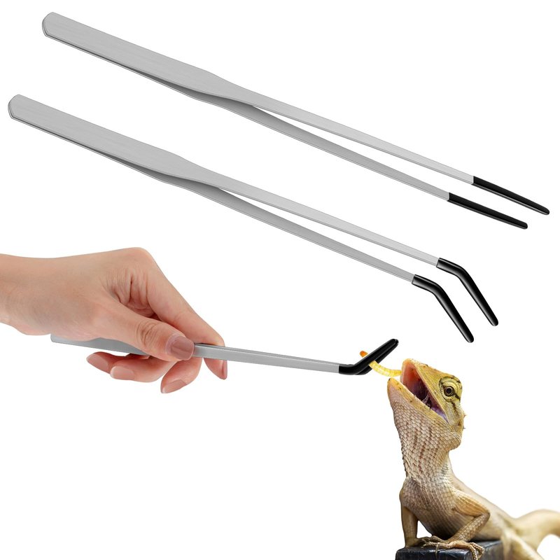 Lasnten 2 Pcs Extra Long Stainless Steel Reptile Feeding Tongs with Rubber Tip 10 Inch, 10.5 Inch Bearded Dragon Aquarium Straight and Curved Long Tweezer Terrarium Feeder Tool for Tank(Silver)