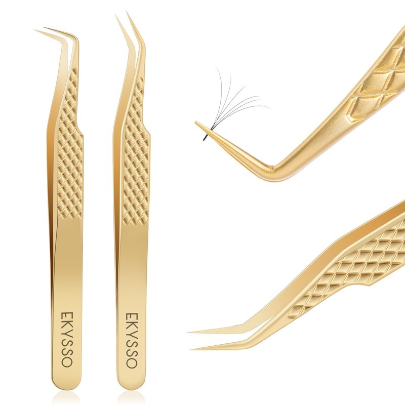 EKYSSO Lash Tweezers Set, Pack of 2 Eyelash Extension Tweezers, High Precision Tweezers for Classic, Volume & Mega Volume Lashes, Lash Extension Supplies, Lash Artist Must-Have Tools (Gold, 2 Pack)