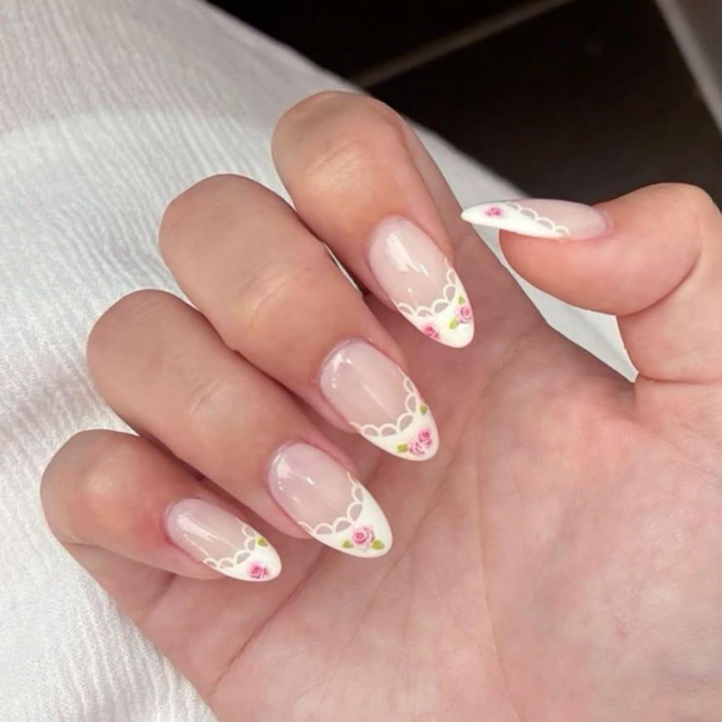 Flower Nail Press Ons - French Tip 3D Floral Butterfly Acrylic Nails | Glossy Pink Medium Almond Full Cover - 24 Pcs