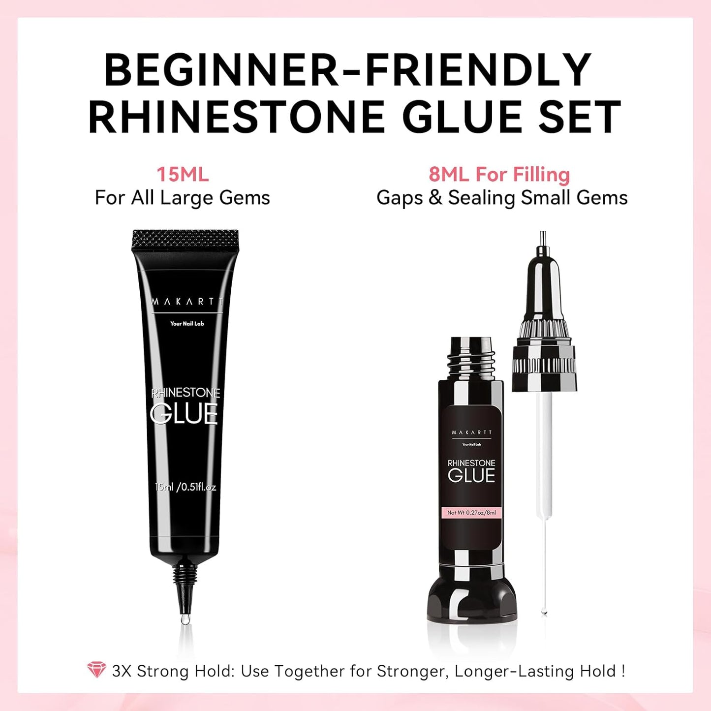 Nail Rhinestone Glue Set - Super Strong Gel Adhesive for 3D Art & Gems | 15ml & 8ml Easy Application