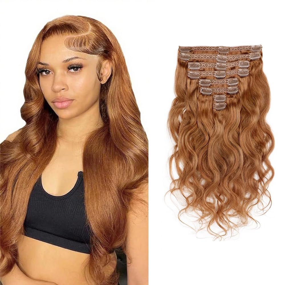#30 Brown Clip in Hair Extensions Real Human Hair, 26 Inch 120g/7Pcs,Full Shine Remy Human Hair,Light Brown Body Wave Clip ins Brazilian Virgin Human Hair Extensions