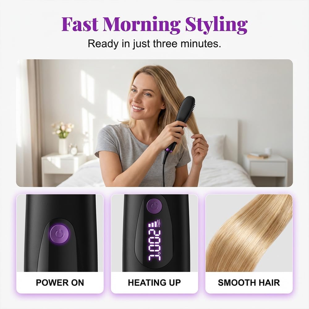 Cordless Hair Straightener Brush - Dual Charging, Compact Design for Home & Travel | Black