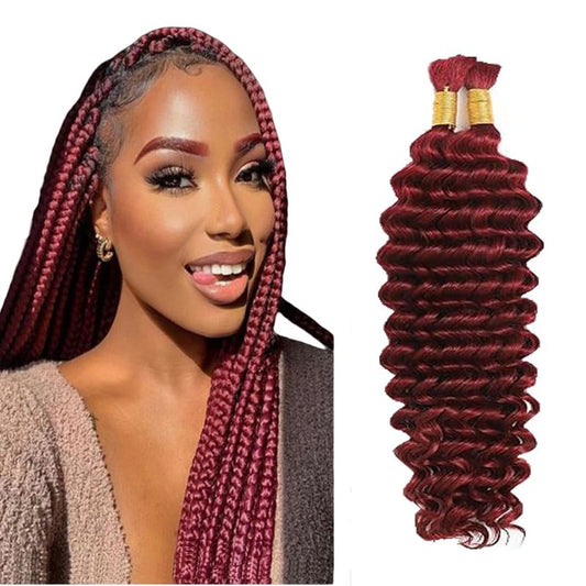 16 16 Inch #99J Burgundy Human Braiding Hair for Boho Braids 2 Bundles 50g/Bundle Deep Wave Bulk Human Hair Knotless Boho Braiding Wine Red Deep Curly Virgin No Weft Extensions Bohemian Braids