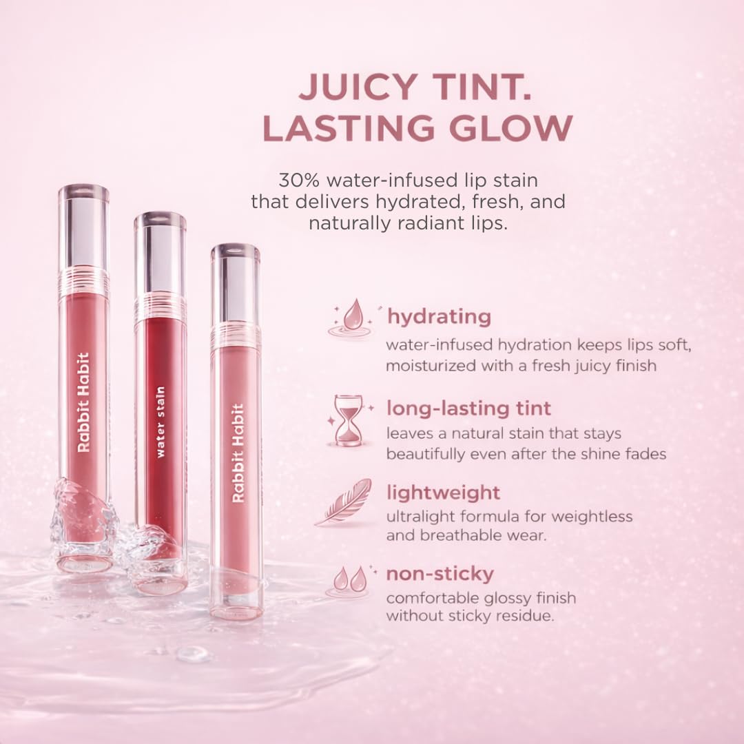Rabbit Habit Water Lip Stain - Vegan, Cruelty-Free, Non-Drying Formula | Cherry Blossom Shade
