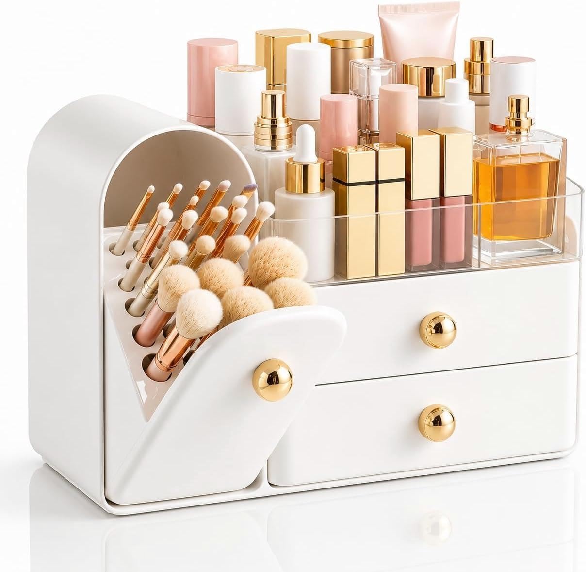 HBlife Makeup Organizer Countertop with Drawers, Vanity Organizers with Brush Holder, Bathroom Counter Organizer for Perfume, Nail Polishes, Lipsticks, Skincare and Eyeshadow Palettes, White and Gold