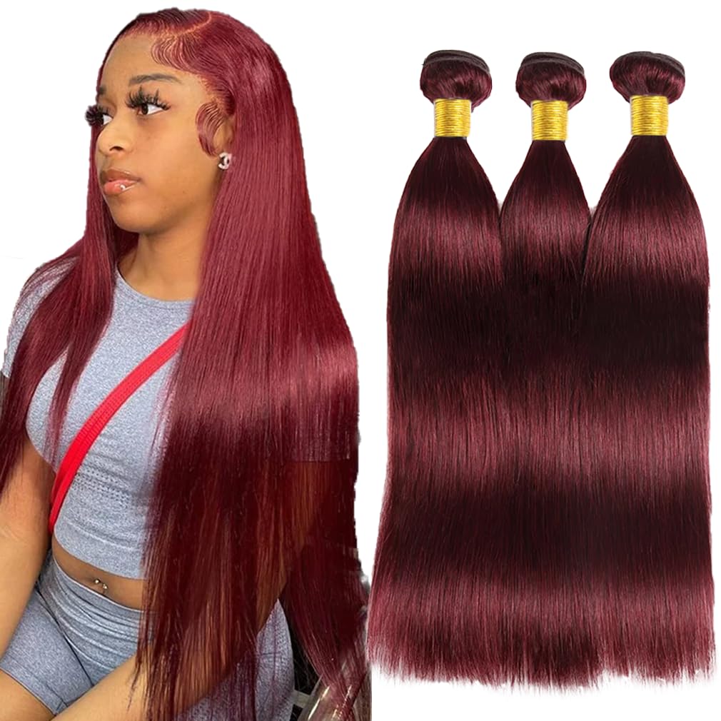 #99J Burgundy Bundles Human Hair Straight Bundles 14 16 18 Inch Straight Bundles Unprocessed Brazilian Virgin Hair Deals Quick Weave Hair Extensions 3 Bundle 50 Gram Per Bundle
