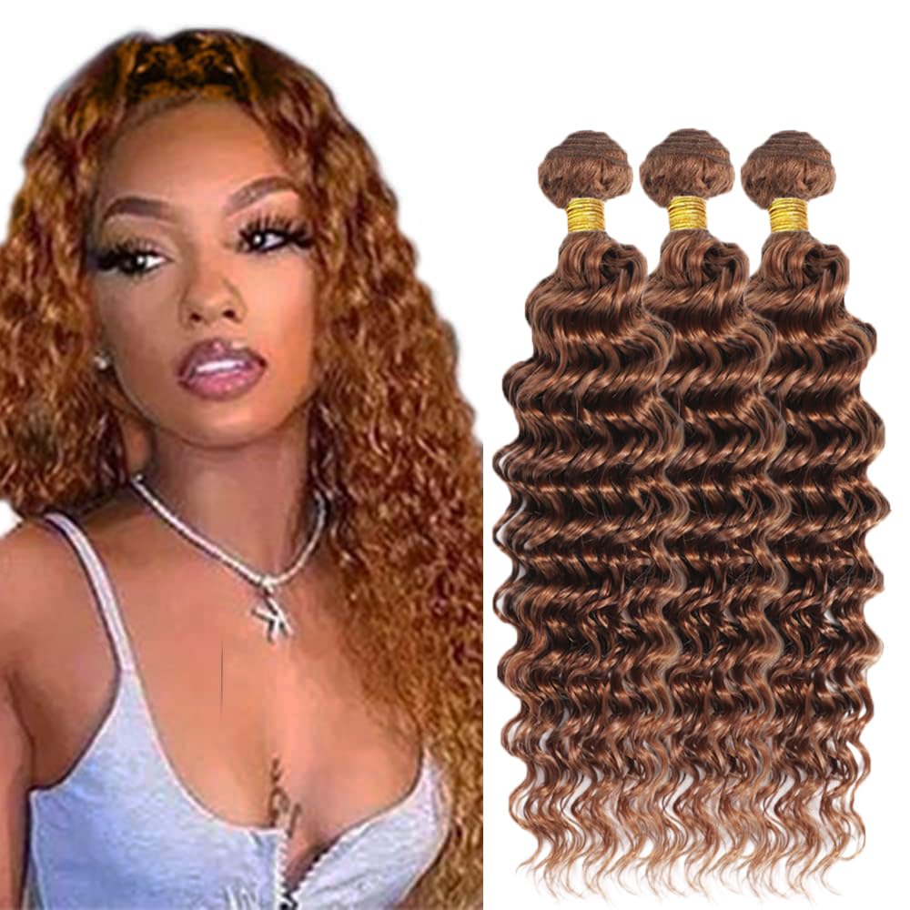 #30 Brown Bundles Human Hair Deep Wave Bundles 26 28 30 Inch Brown Deep Wave Bundle Unprocessed Brazilian Virgin Weave Hair 3 Bundle 50 Gram Per Bundle