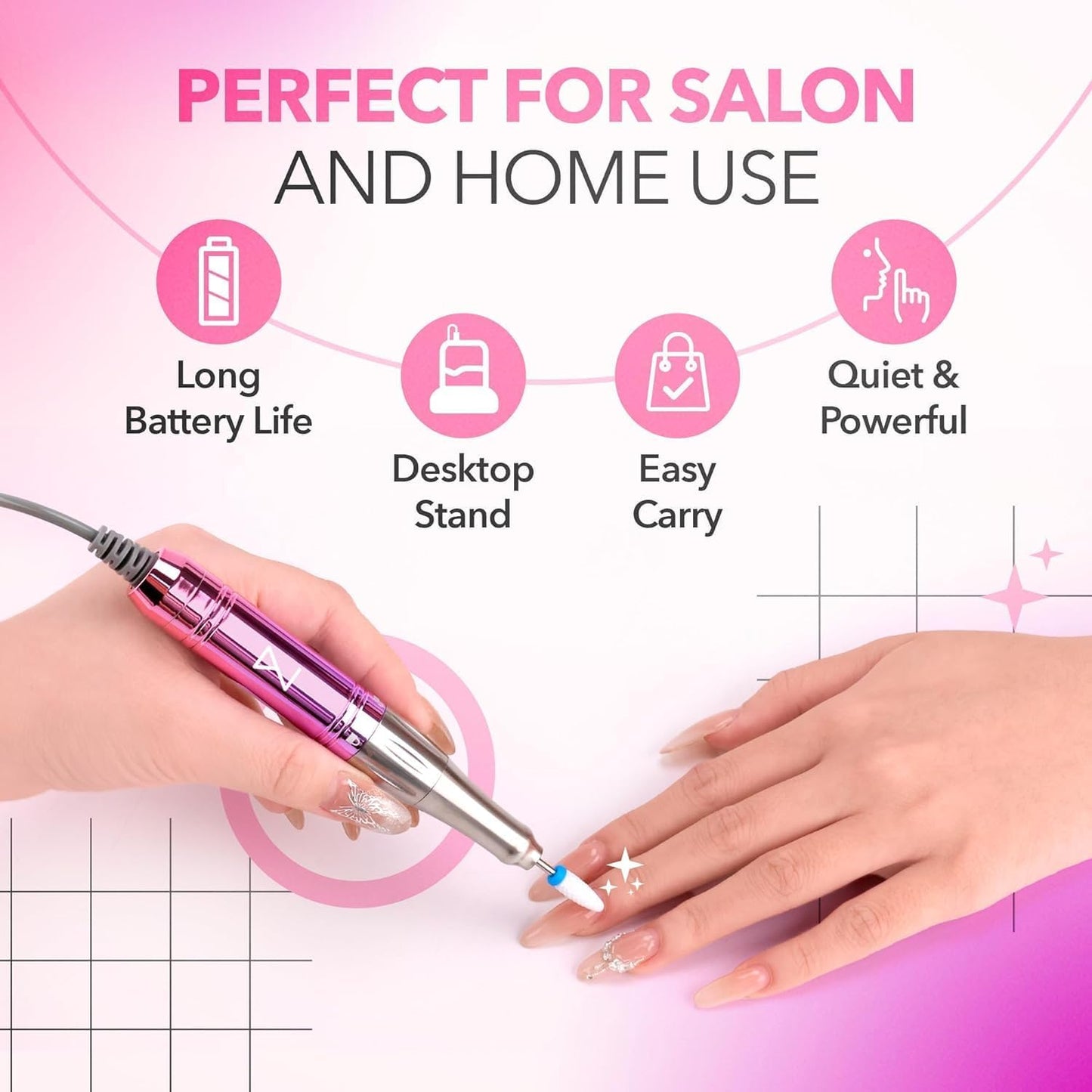 Professional Nail Drill Machine - Cordless 2-in-1 Electric Nail File - 35000 RPM, HD Display | Rose Gold