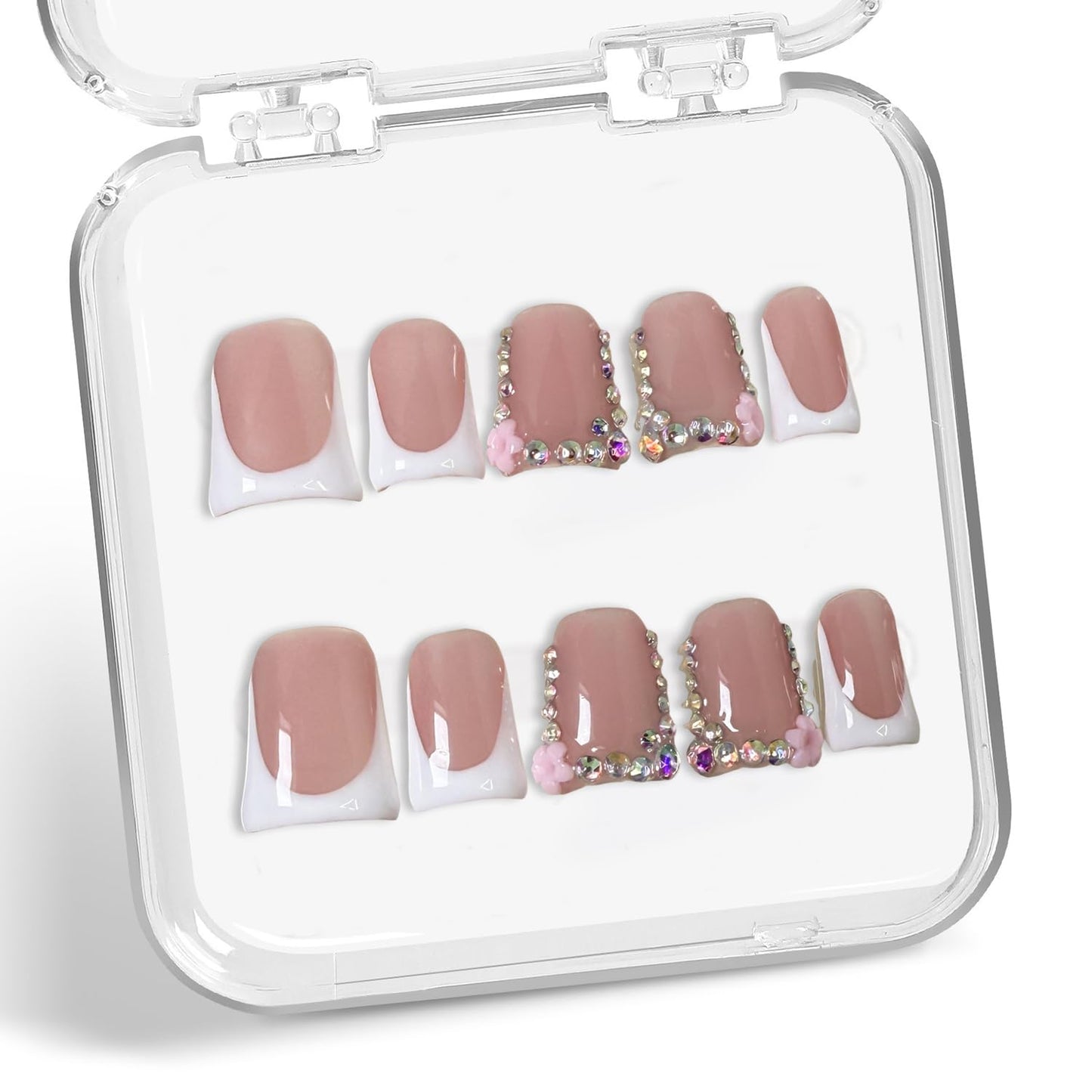 Colorful 3D Flower Press-On Nails - Handmade Thick Acrylic Full Cover | White French Tip (Medium)