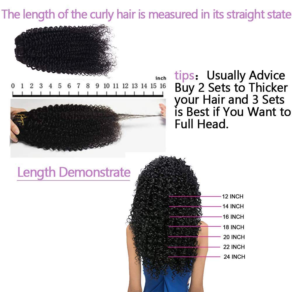 16 Inch Kinky Curly Clip ins Human Hair 110g 8pcs 20 Clips 3C 4A Curly Clip In Hair Extensions Real Human Hair Brazilian Virgin Hair Full Head for Women Natural Black Color