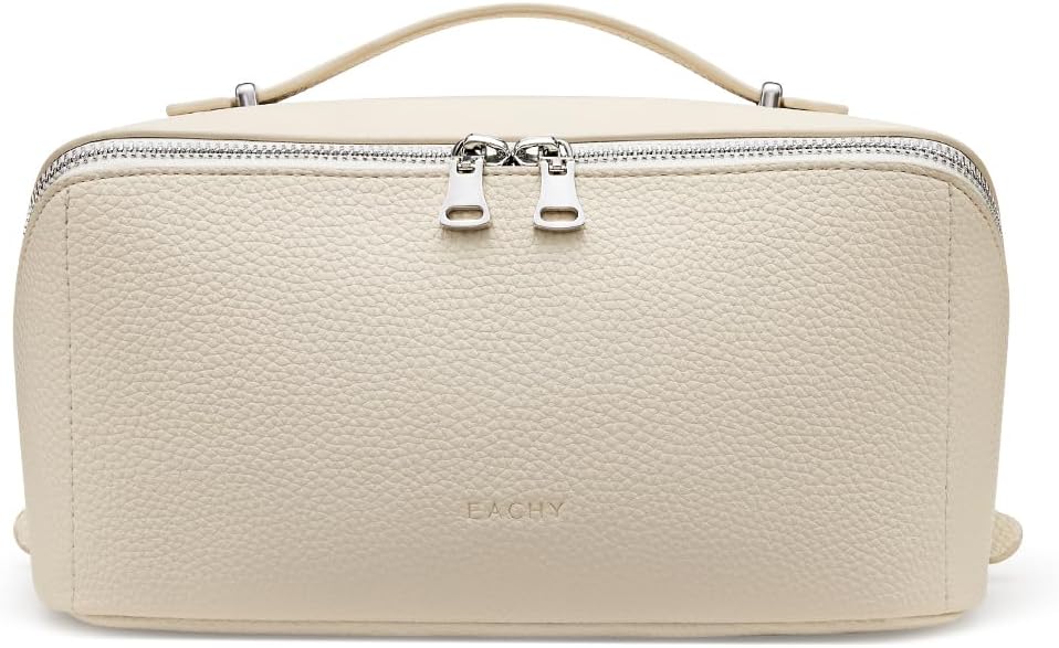 Travel Makeup Bag - Large Capacity Lychee Leather Cosmetic Organizer | Waterproof Toiletry Bag with TPU Brush Compartment