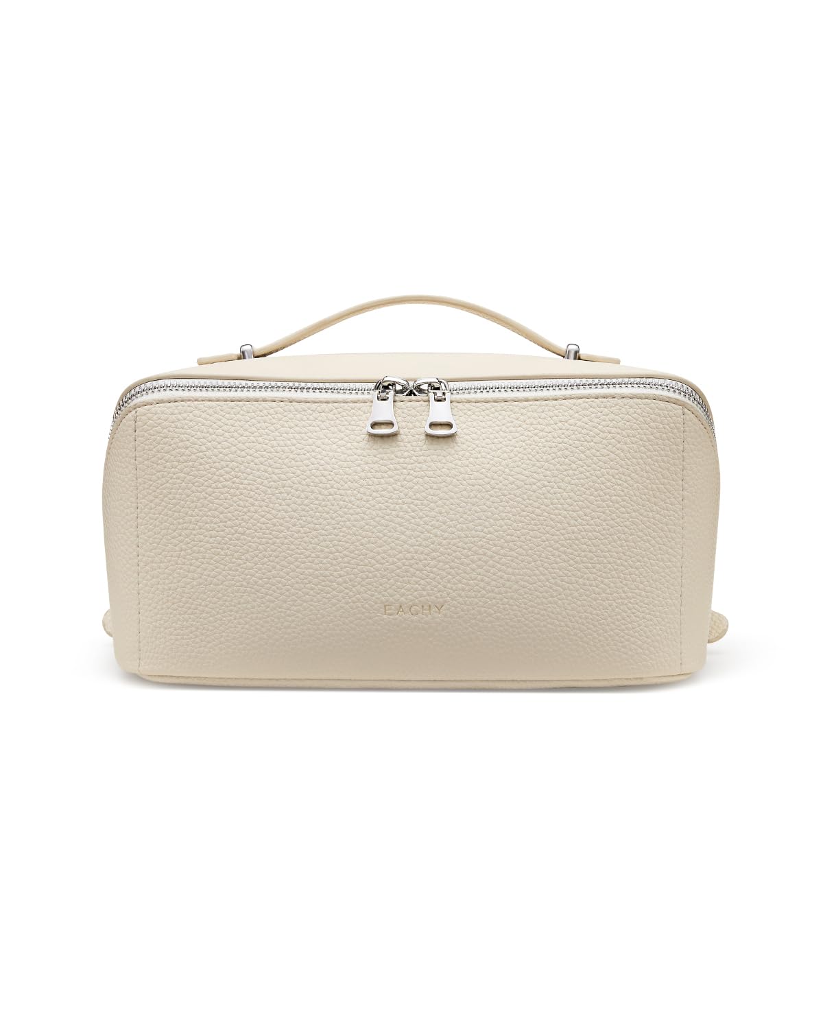 EACHY Travel Makeup Bag, Lychee Leather Large Capacity Cosmetic Bag for Women, Open Flat Toiletry Bag with TPU Brush Compartment, Waterproof Skincare Organizer Travel Essentials