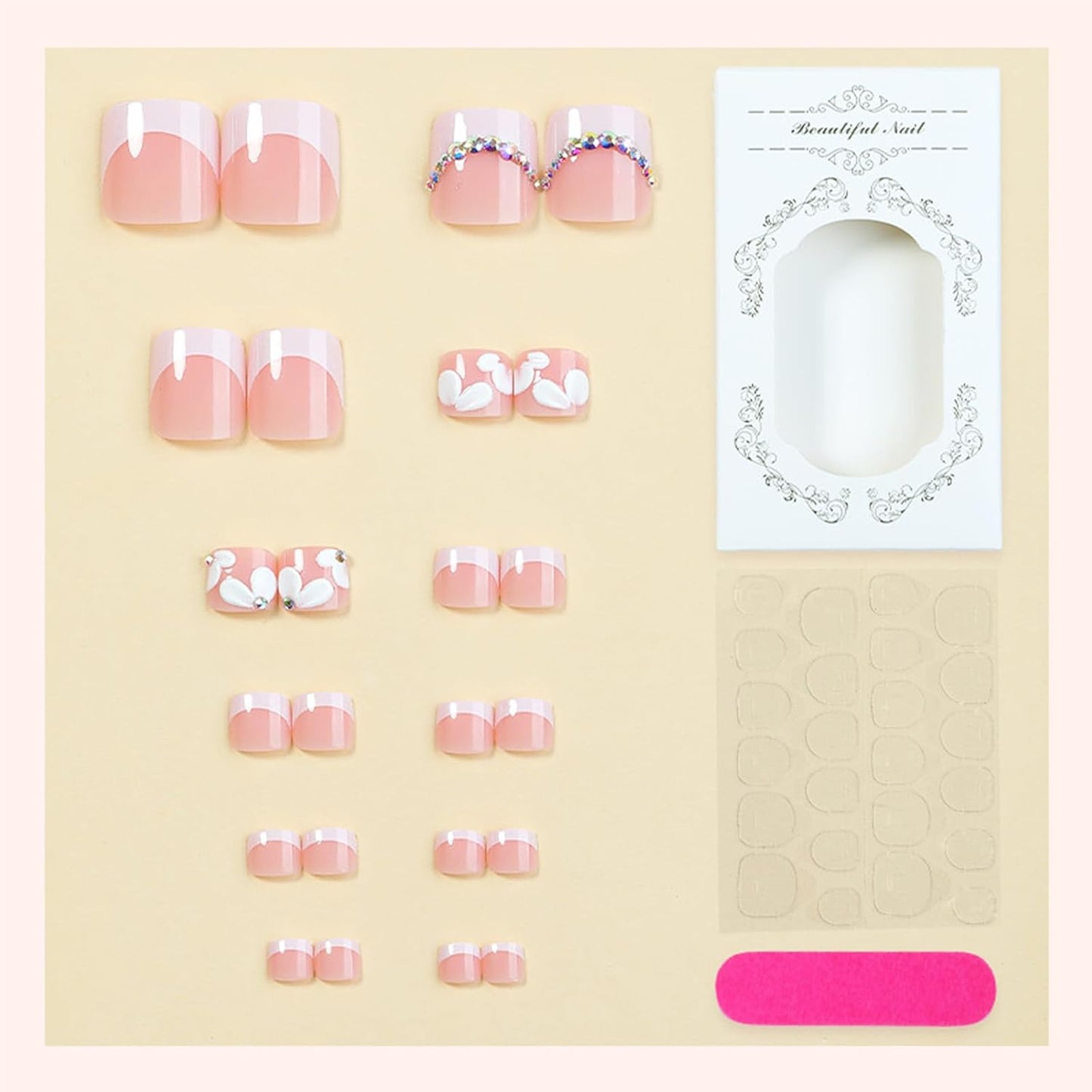 French Tip Press-On Toenails - Short Square Acrylic Nails with 3D Flower & Rhinestones | 24 Pcs Glossy Pink Set