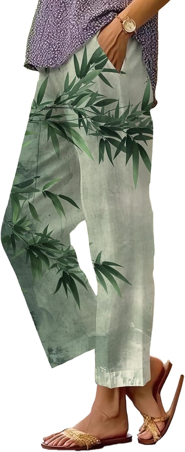 Women's Boho Floral Wide Leg Capris - Elastic Waist, Loose Fit Beach Pants | Casual Summer Trousers