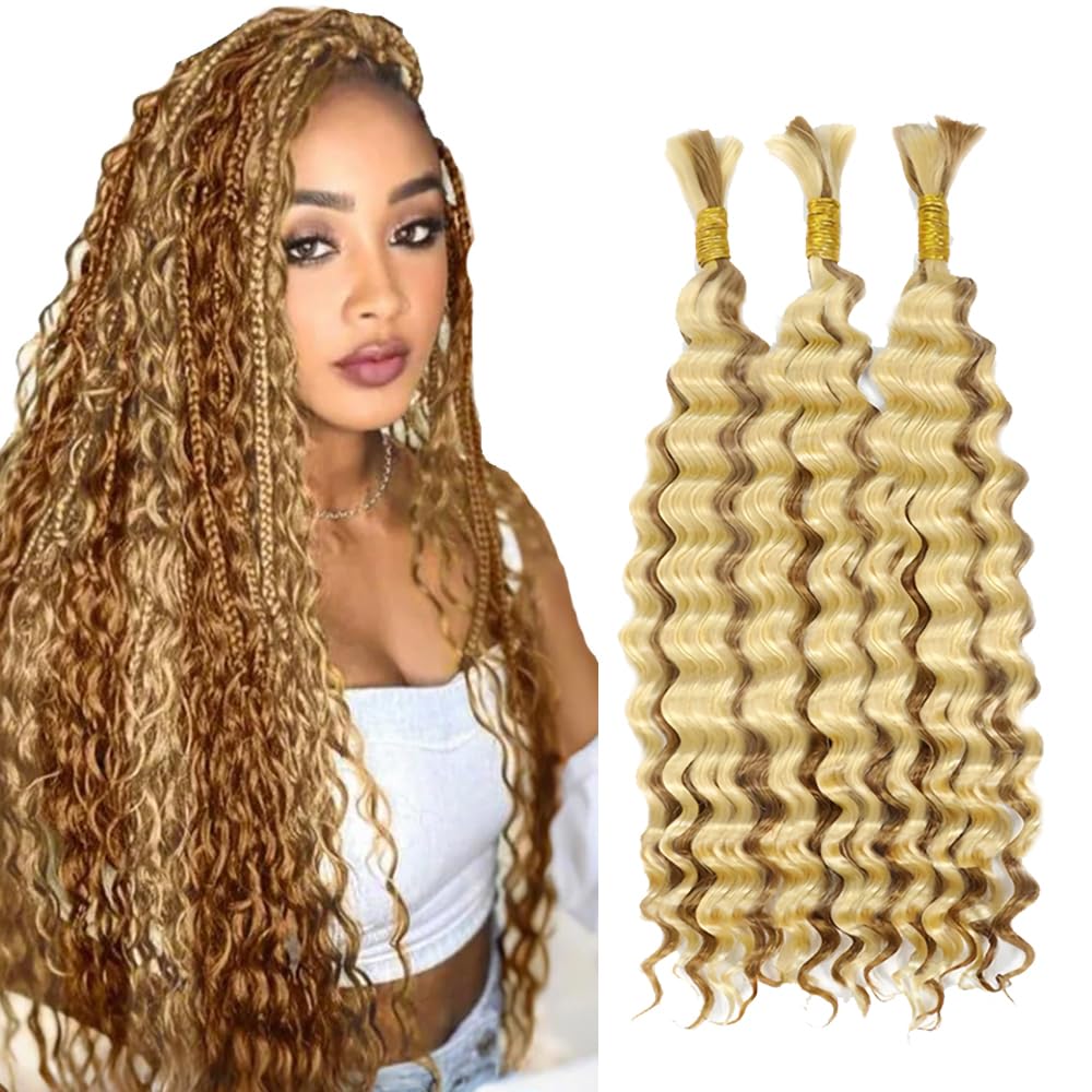 Blonde Human Braiding Hair for Boho Braids Honey Blonde Boho Human Hair for Braiding Deep Wave Bulk No Weft p27613 Braids 27 Mixed With 613 Color 22 22 22 Inch