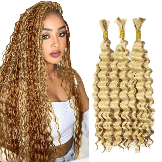 Blonde Human Braiding Hair for Boho Braids Honey Blonde Boho Human Hair for Braiding Deep Wave Bulk No Weft p27613 Braids 27 Mixed With 613 Color 22 22 22 Inch