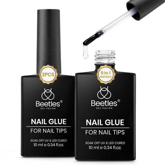 Beetles 9 in 1 Gel Nail Glue for Acrylic Nails Tips, 2Pcs 10ml Super Strong Nail Glue for Clear False Nails Tips, Base Coat Rhinestones Blooming Art, Summer Nails, Long Lasting, Need U V Light Cure