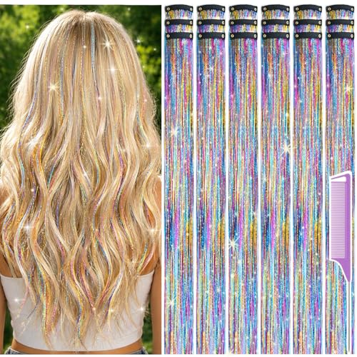 18 Pcs Rainbow Hair Tinsel Clips - 22 Inch Glitter Extensions