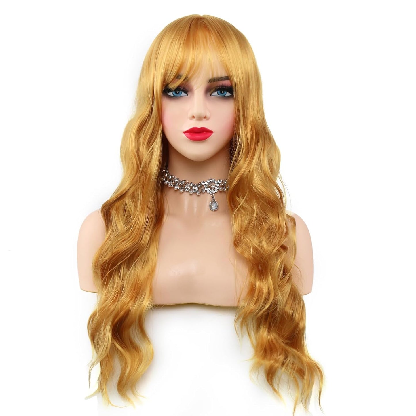 Honey Blonde Wigs for Women - 26 Inch Long Wavy Curly Synthetic Wig with Bangs | Heat Resistant Cosplay Style