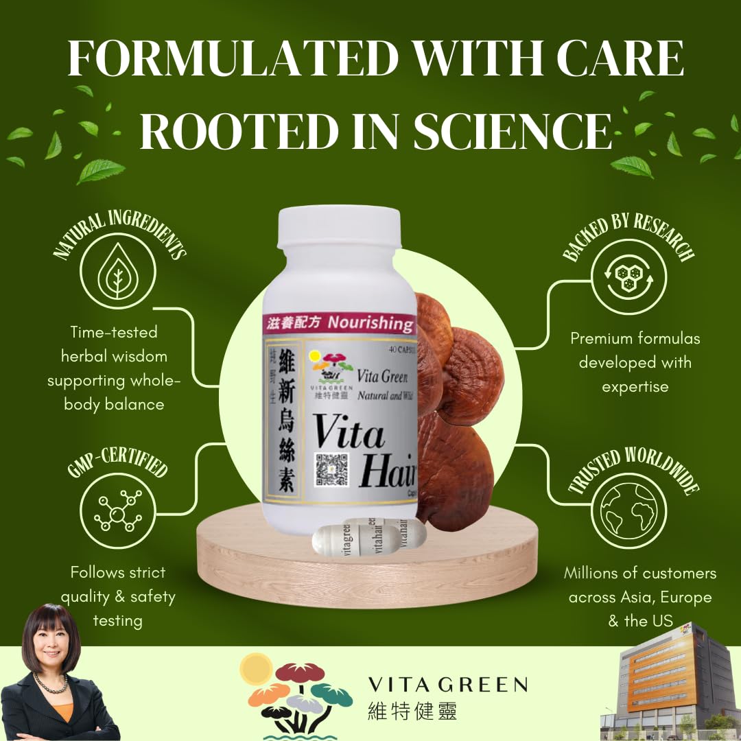 Vita Green Hair Growth Supplement - Herbal Formula for Thinning & Graying Hair | 90 Capsules for Fuller, Healthier Locks