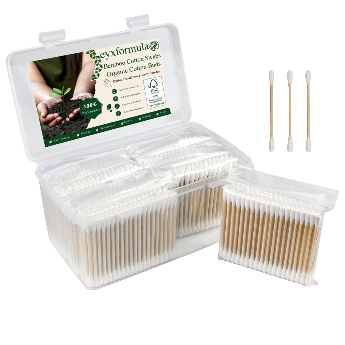 Eyxformula Pointed Cotton Swabs - 800 Count FSC Certified Bamboo Sticks | Lint-Free Applicator for Makeup & Crafts