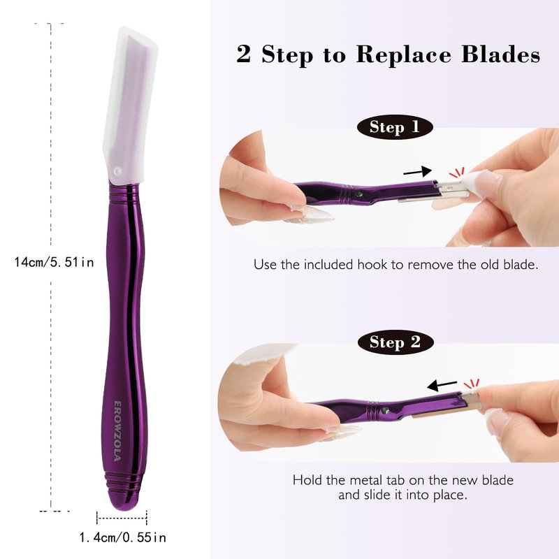 EROWZOLA Eyebrow Razor for Women and Men, Face Razors for Women, Dermaplane Razor with Protective Silicone Cover, Reusable Metal Handle with 6 Refill Blades, Skin Care Tool - Purple