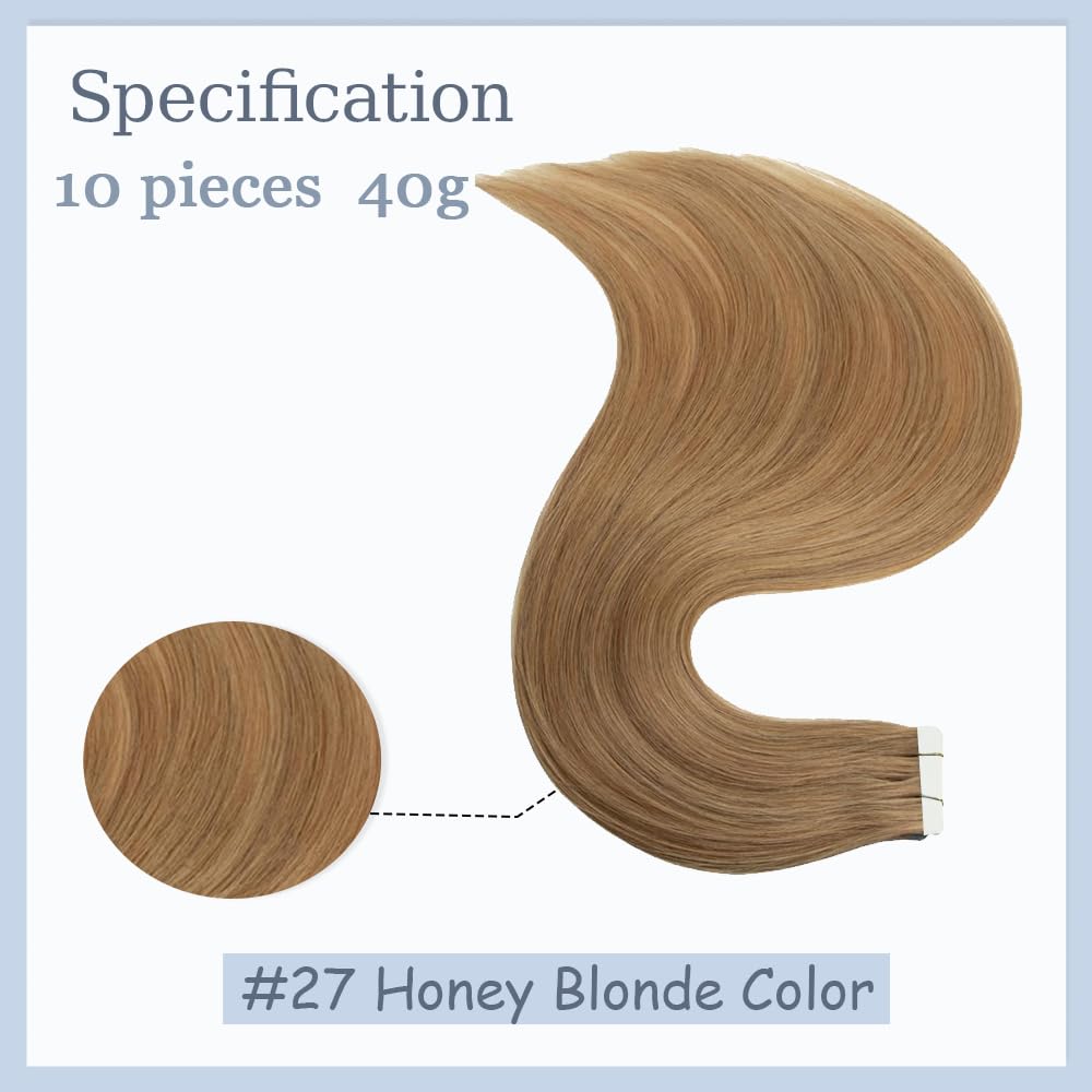 HuxoWax 26 Inch Tape In Human Hair Extensions #27 Honey Blonde Doubles Weft Invisible Straight Human Hair Tape In Extensions #27 Blonde Weave 10 Packs Total 40g