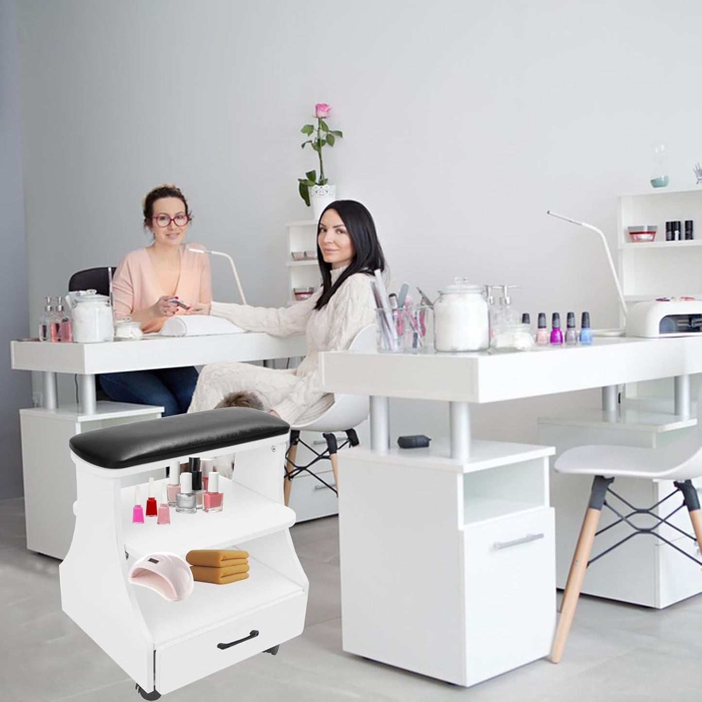 Portable Pedicure Foot Rest - Rolling Spa Trolley for Nail Tech | Black Manicure Stool with Wheels