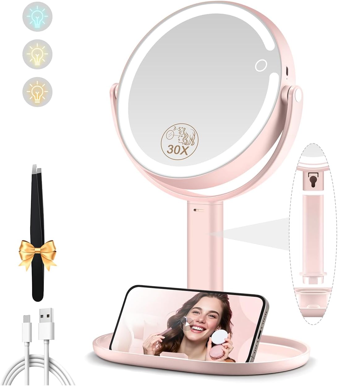 Makeup Mirror with Lights - Double-Sided 1x/20x Magnifying, Rechargeable, 3 Color Options | 360° Rotation, Black
